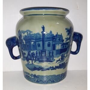 Vintage Flow Blue on Celadon Victoria Ware Porcelain Wall Pocket Chinoiserie